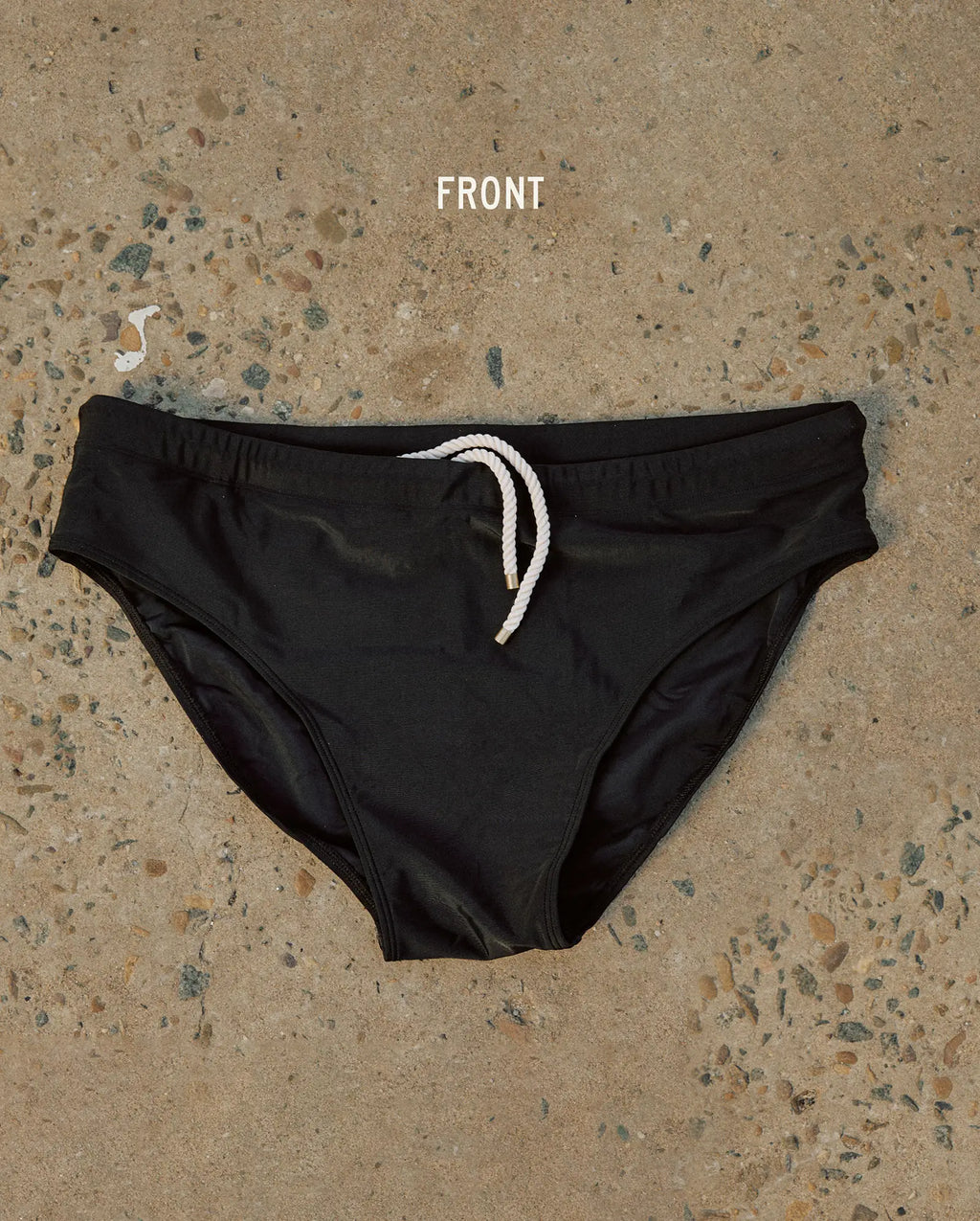 Lobby’s black swim briefs – classic premium vintage design, front view.