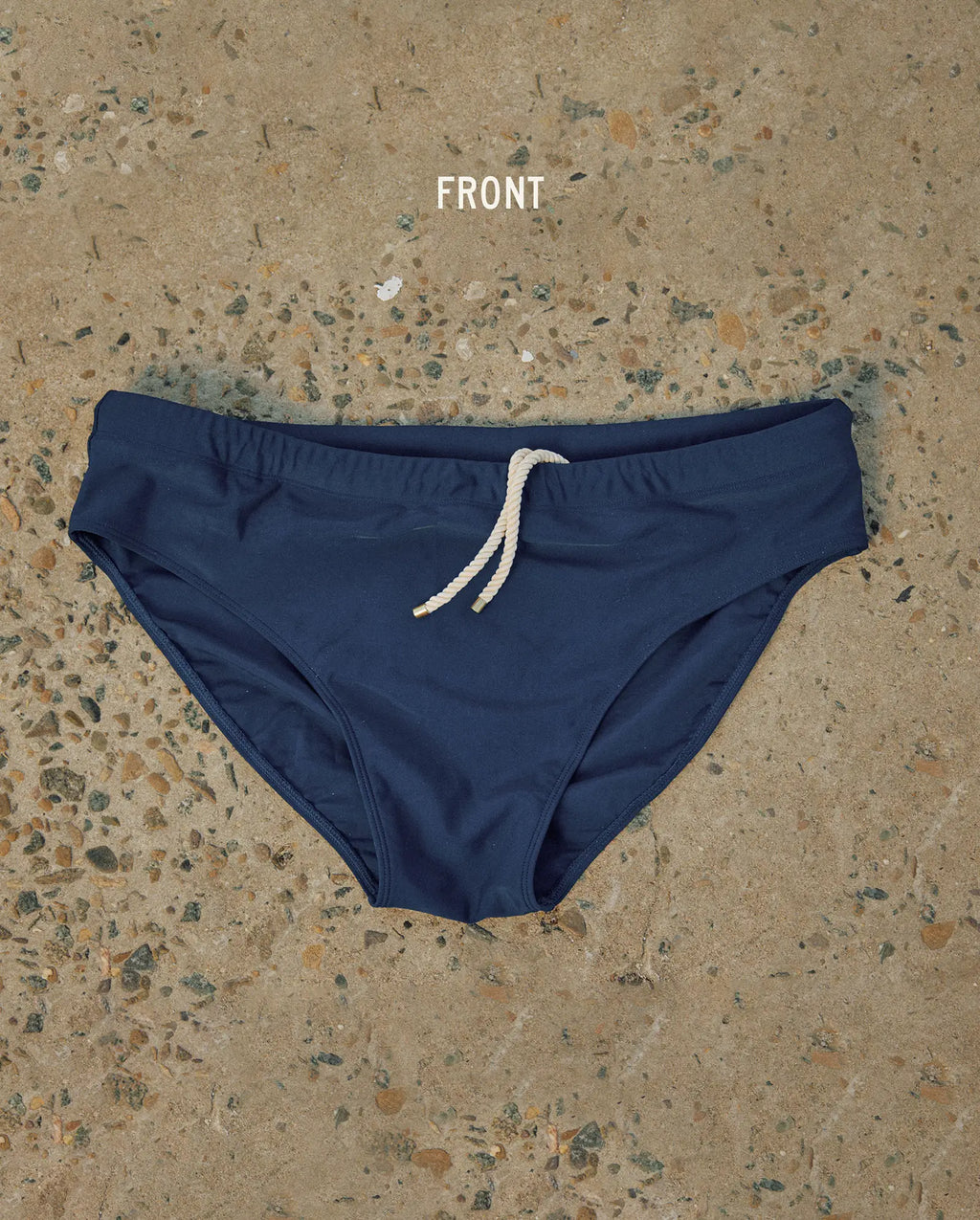 Lobby’s navy swim briefs – premium vintage-inspired design, front view