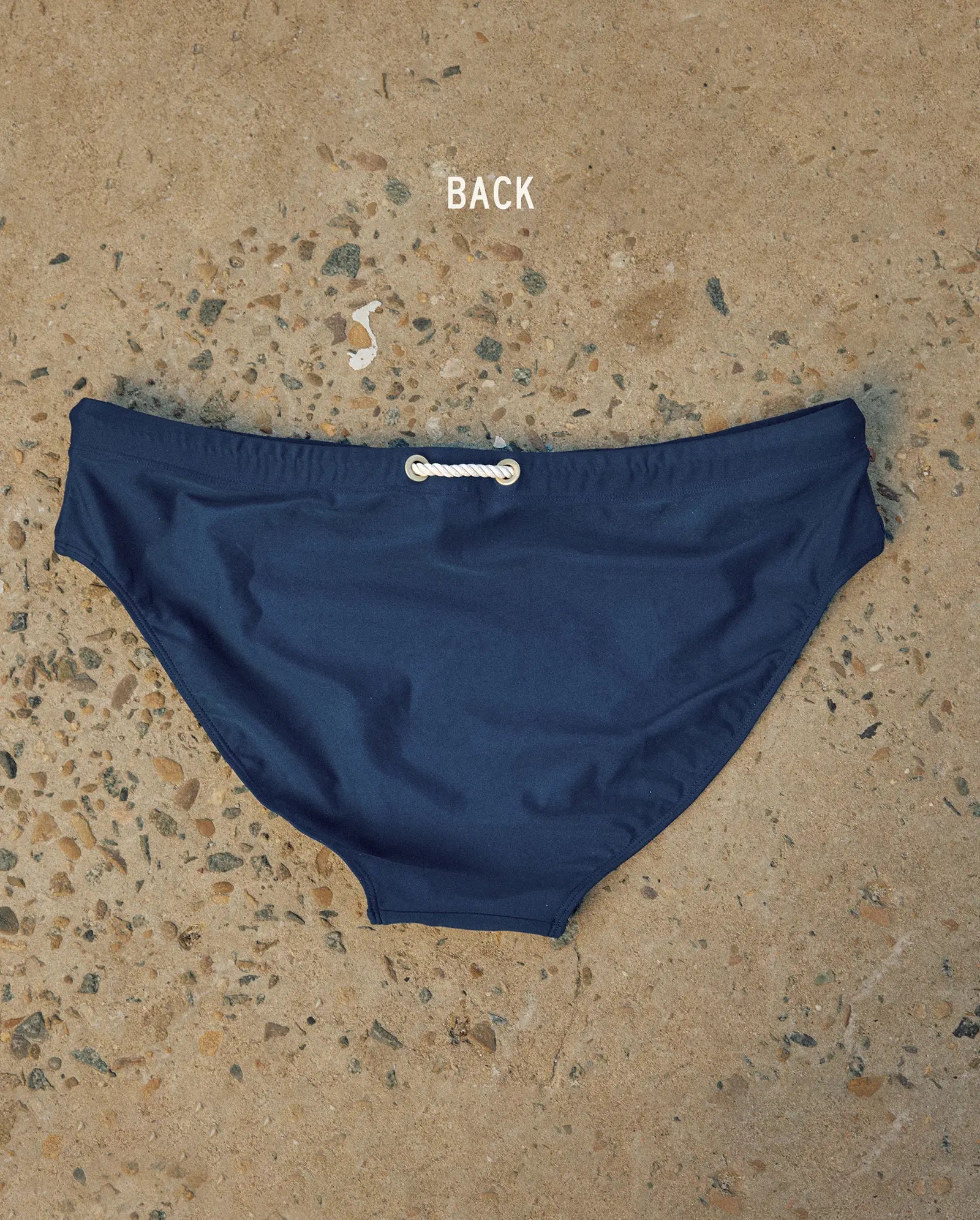Lobby’s navy swim briefs – elegant premium swimwear, back view