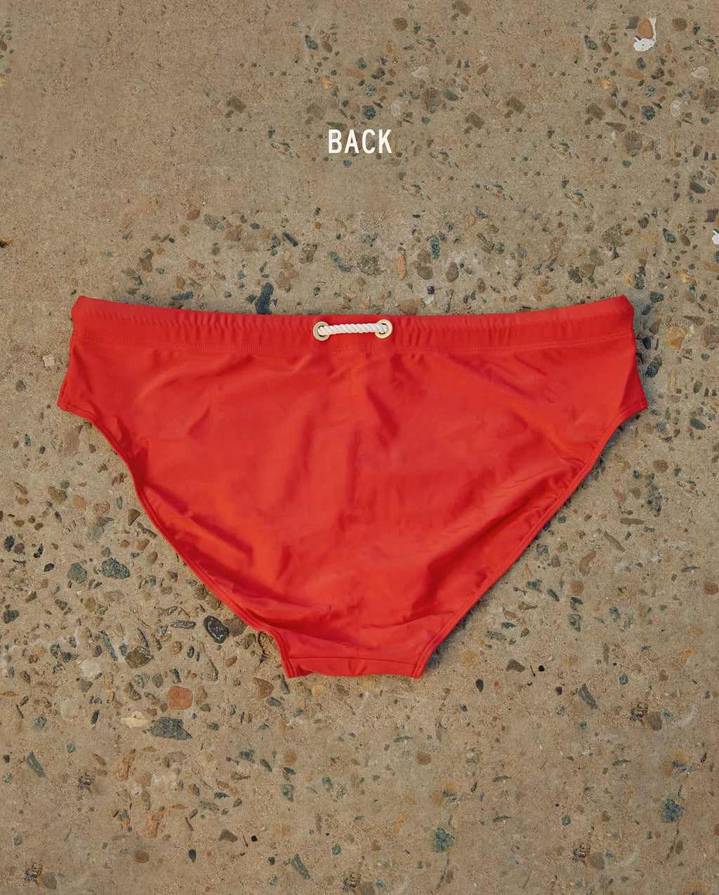 Lobby’s red swim briefs – elegant and bold premium swimwear, back view