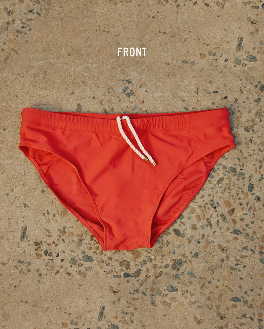 Lobby’s red swim briefs – premium vintage style, front view