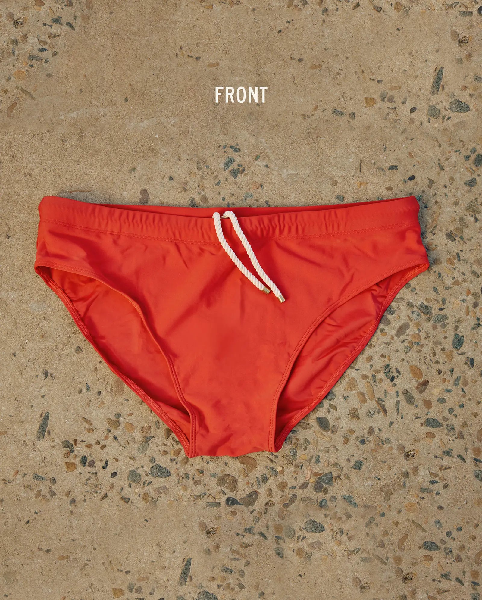 Lobby’s red swim briefs – premium vintage style, front view