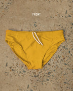 Yellow Lobby’s one-piece swimwear, front view, minimalist cut with clean lines photographed on neutral background.